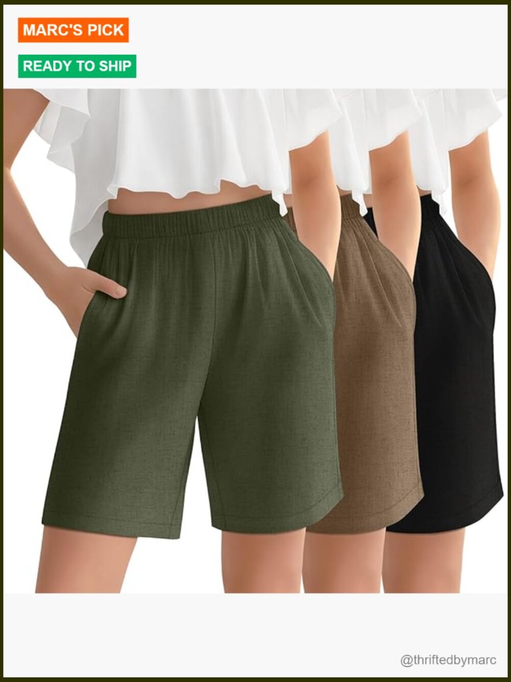 Girls Linen Bermuda Shorts 3 Pack Elastic Waist Knee Length with Pockets